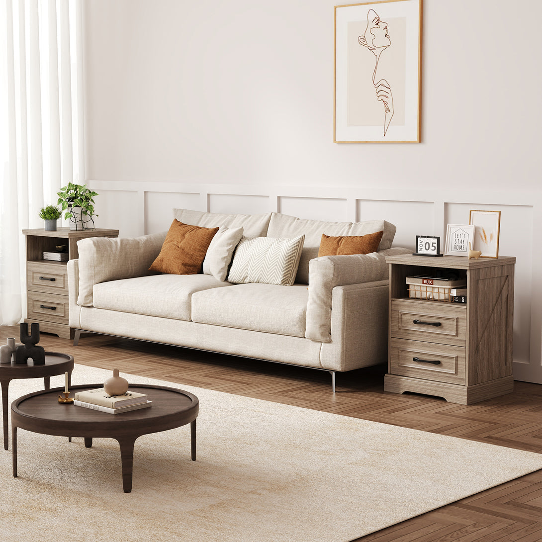 Nightstand with Charging Station, Farmhouse Nightstands with 2 Drawers Storage Side Table Bedside Cabinet for Bedroom Living Room