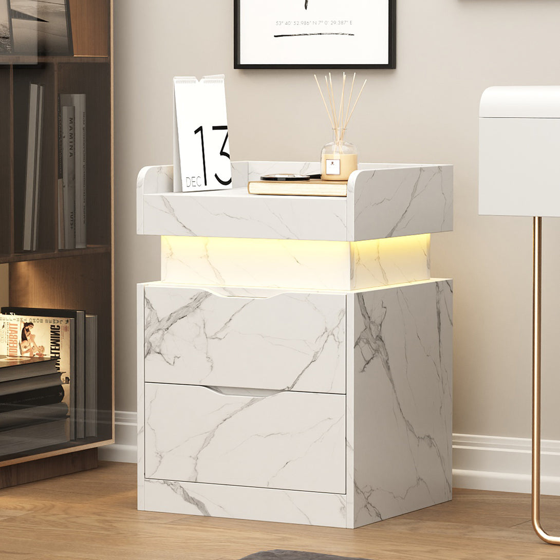 Nightstand with Charging Station, White Bedside Table LED Modern Night ...