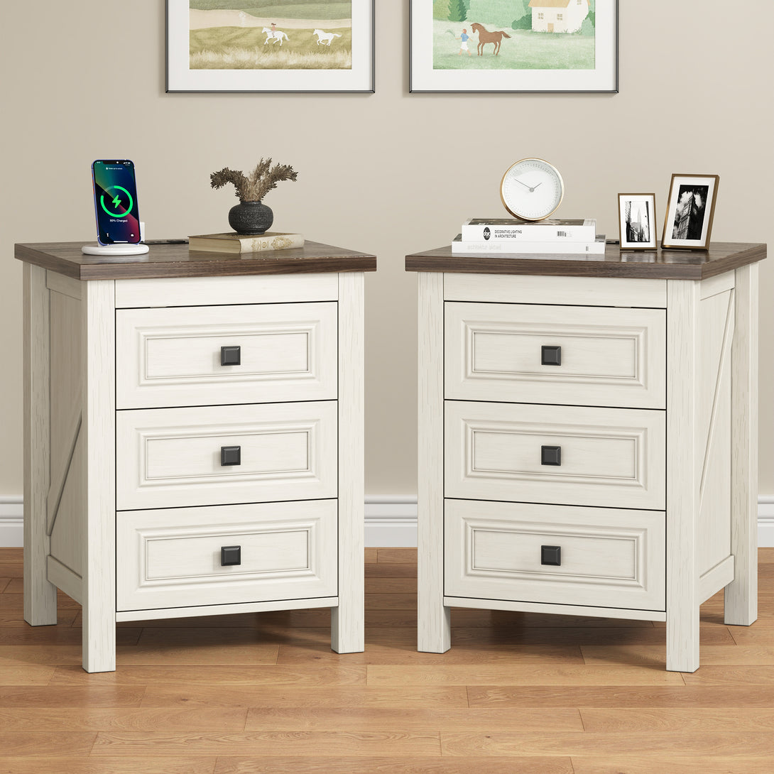 Nightstand Set of 2, bedside table with charging station, White farmhouse 3 drawer nightstand Rustic night stand end tables for bedroom Living Room
