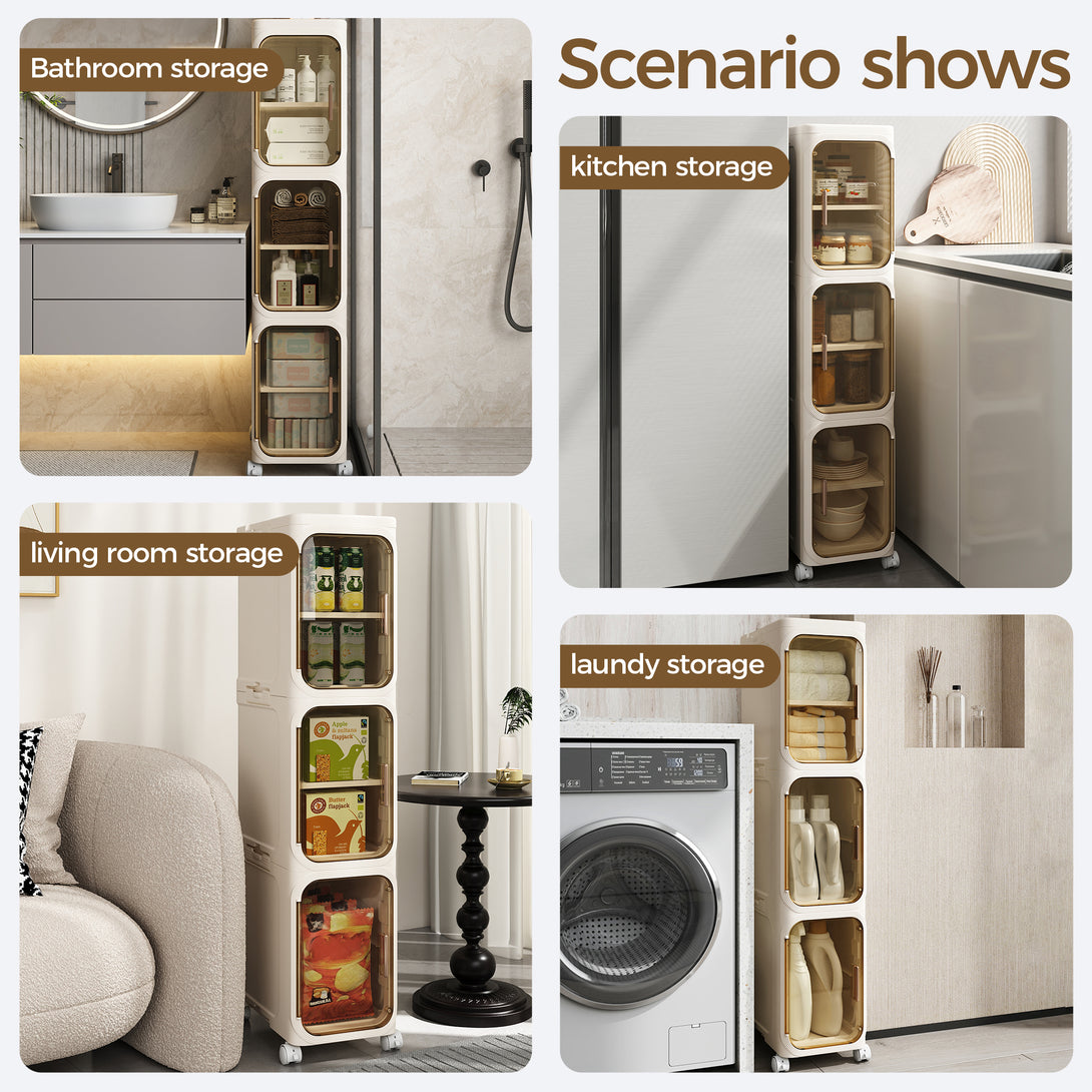 Narrow Storage Cabinet, Slim Bathromm Storage Cabinet With Wheels, Removable Partitions, Transparent Doors, Narrow Cabinet For Small Spaces, Bathroom, Bedroom, Living Room, Laundry