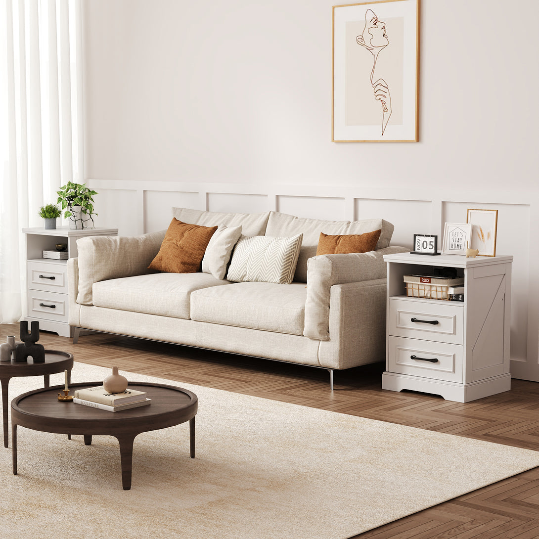 Nightstand with Charging Station, Farmhouse Nightstands with 2 Drawers Storage Side Table Bedside Cabinet for Bedroom Living Room