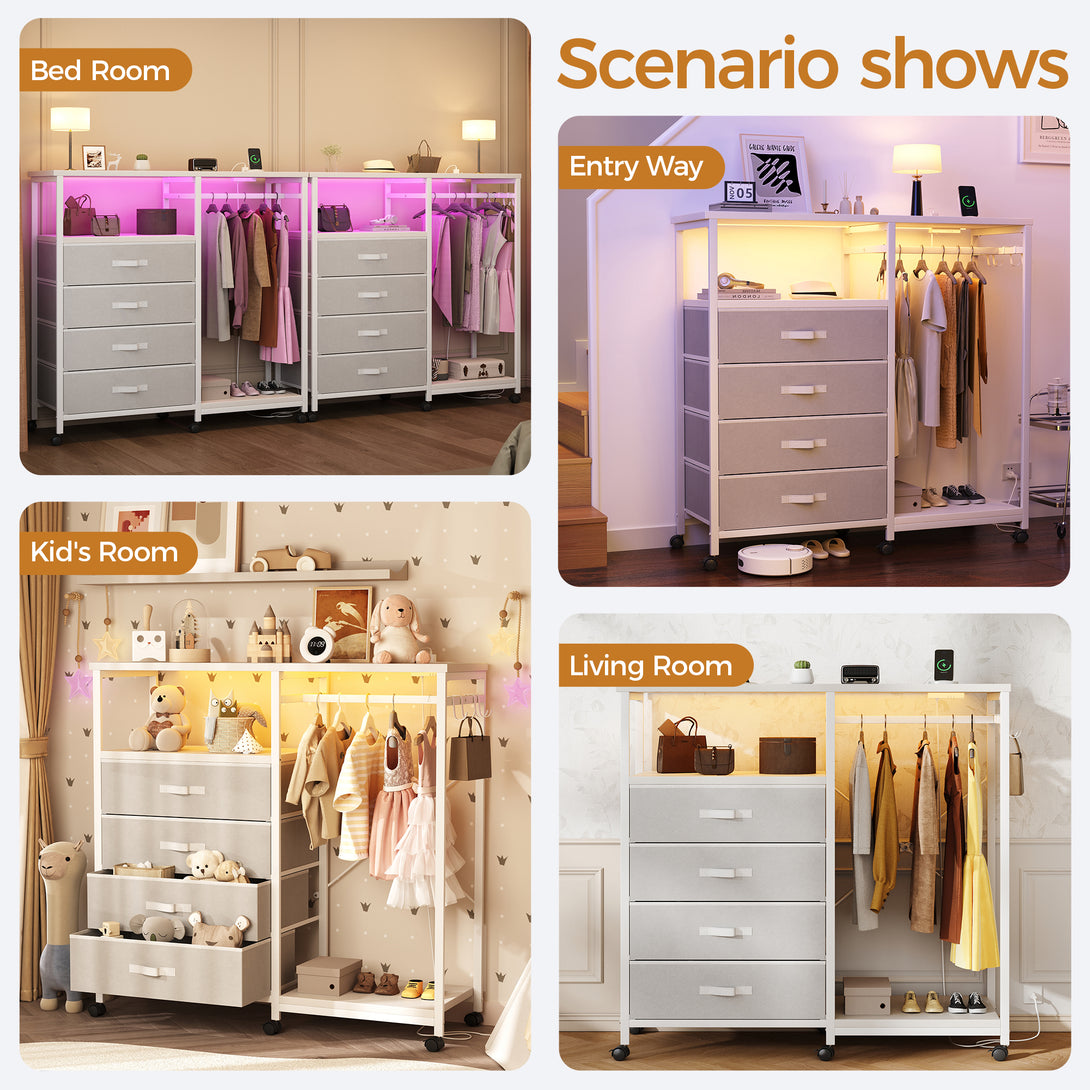 Dresser with Hanging Rack, Bedroom Dresser with Hanging Rack Chest of Drawers with Fabric Drawers & LED Lights & Charging Station, Rust Brown