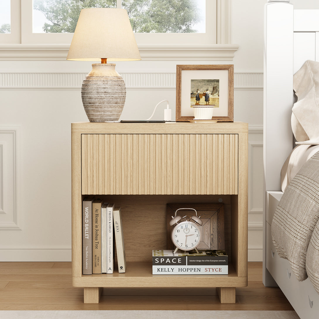 IDEALSOUL Nightstand, Fluted Bedside Table with Charging Station, End Table with open Storage, Large Wooden Night Stands Bedside for Bedroom Living Room