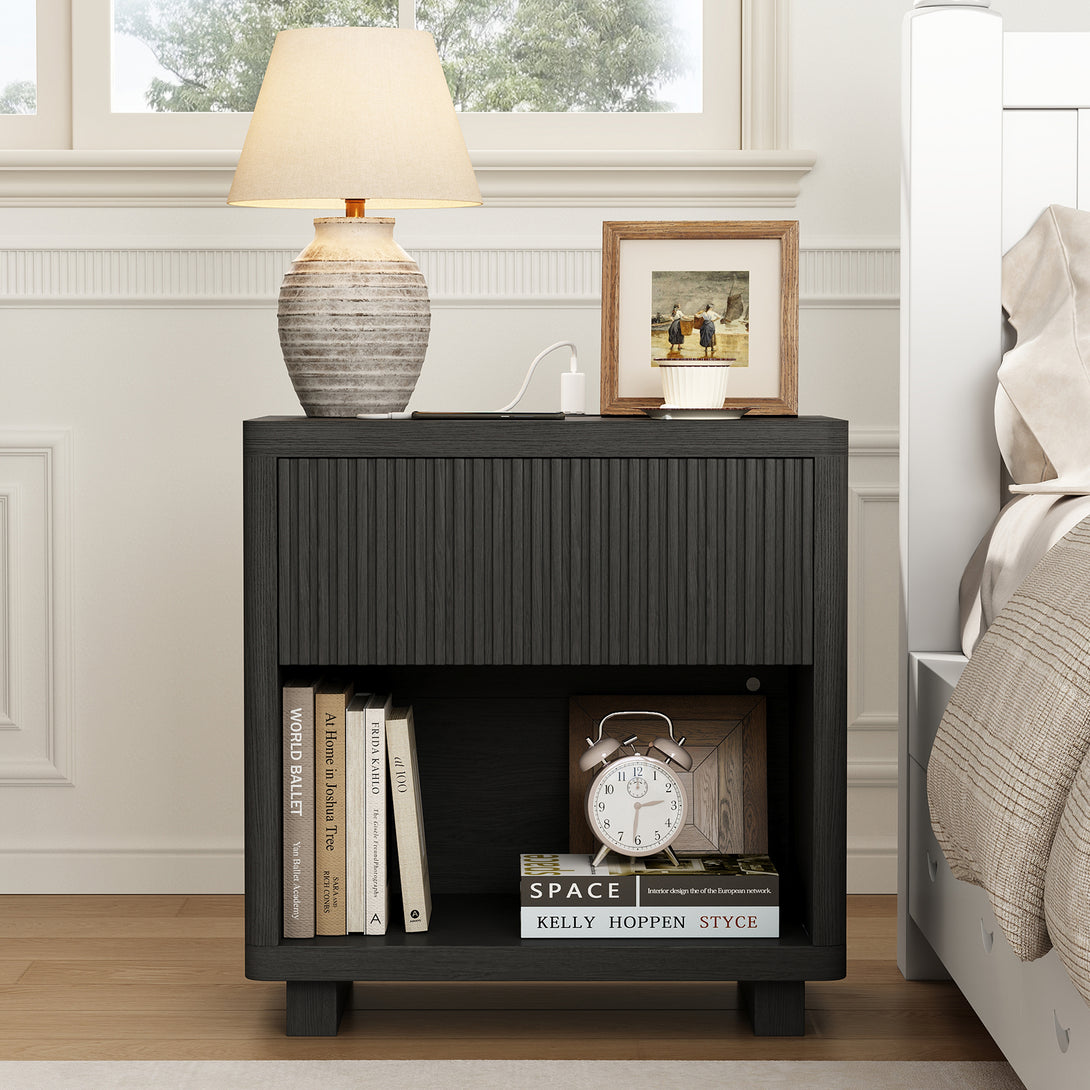 IDEALSOUL Nightstand, Fluted Bedside Table with Charging Station, End Table with open Storage, Large Wooden Night Stands Bedside for Bedroom Living Room