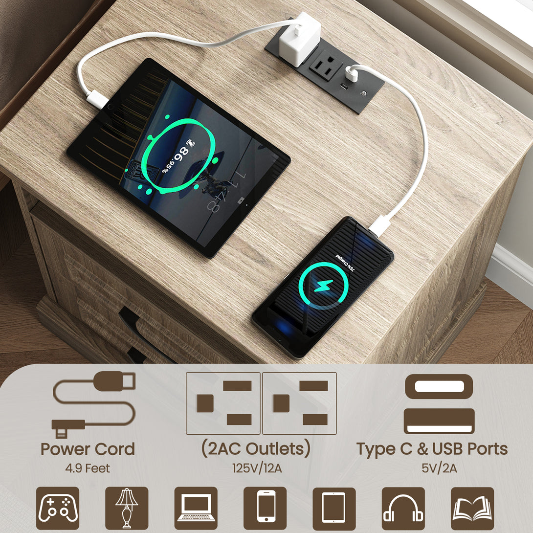 Nightstand with Charging Station, Farmhouse Nightstands with 2 Drawers Storage Side Table Bedside Cabinet for Bedroom Living Room