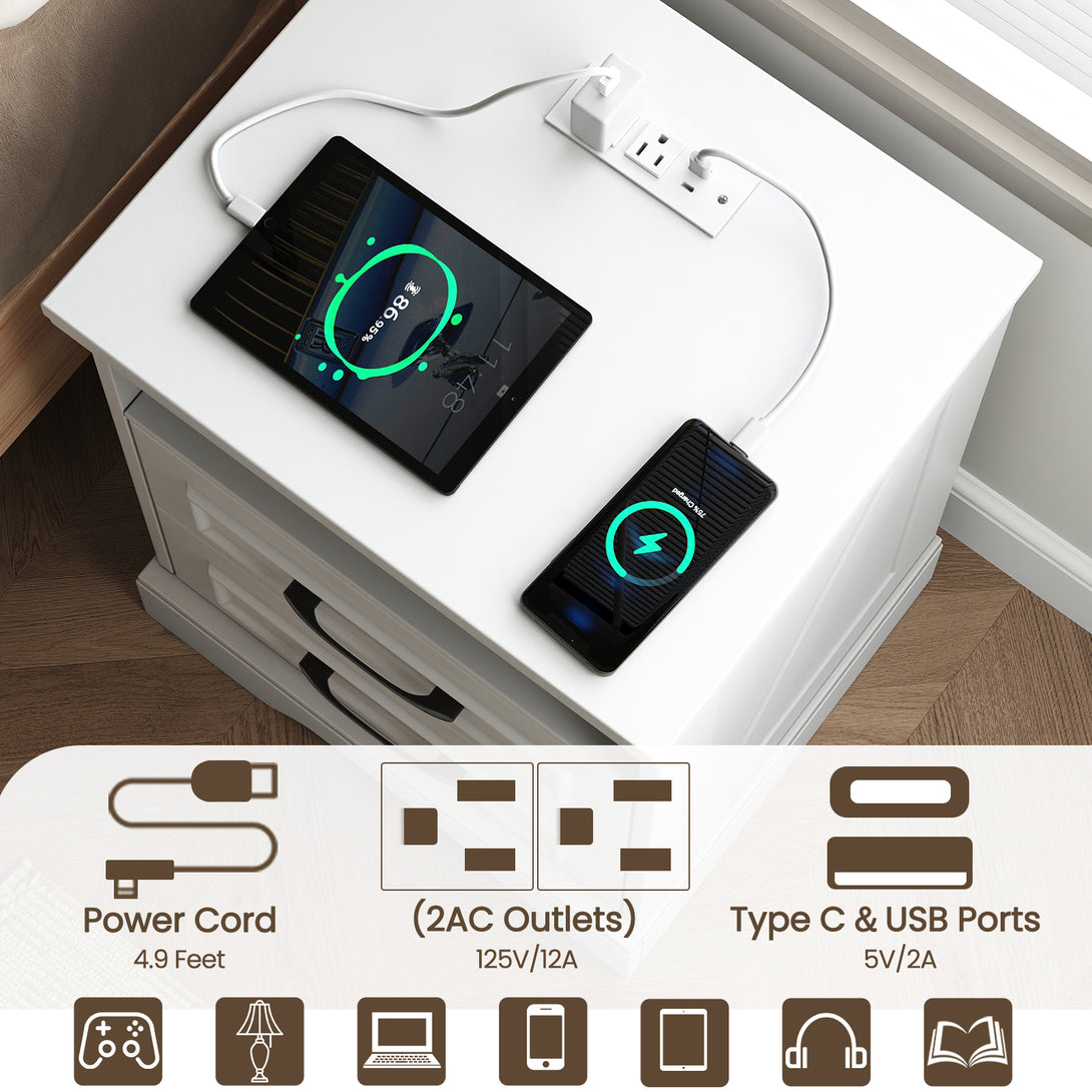 Nightstand with Charging Station, Farmhouse Nightstands with 2 Drawers Storage Side Table Bedside Cabinet for Bedroom Living Room