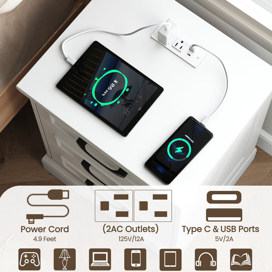 Nightstand , Farmhouse End Table with Charging Station,3 Drawers Storage