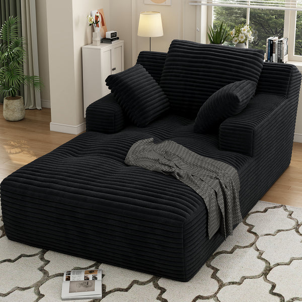 67'' Oversized Chaise Lounge Chair Indoor, Cloud Plush Corduroy Upholstered Sofa Bed, Modern Deep Seat Sofa with Back Cushion, Pillows, Cozy Sleeper Couch for Living Room, No Assembly Required, Black
