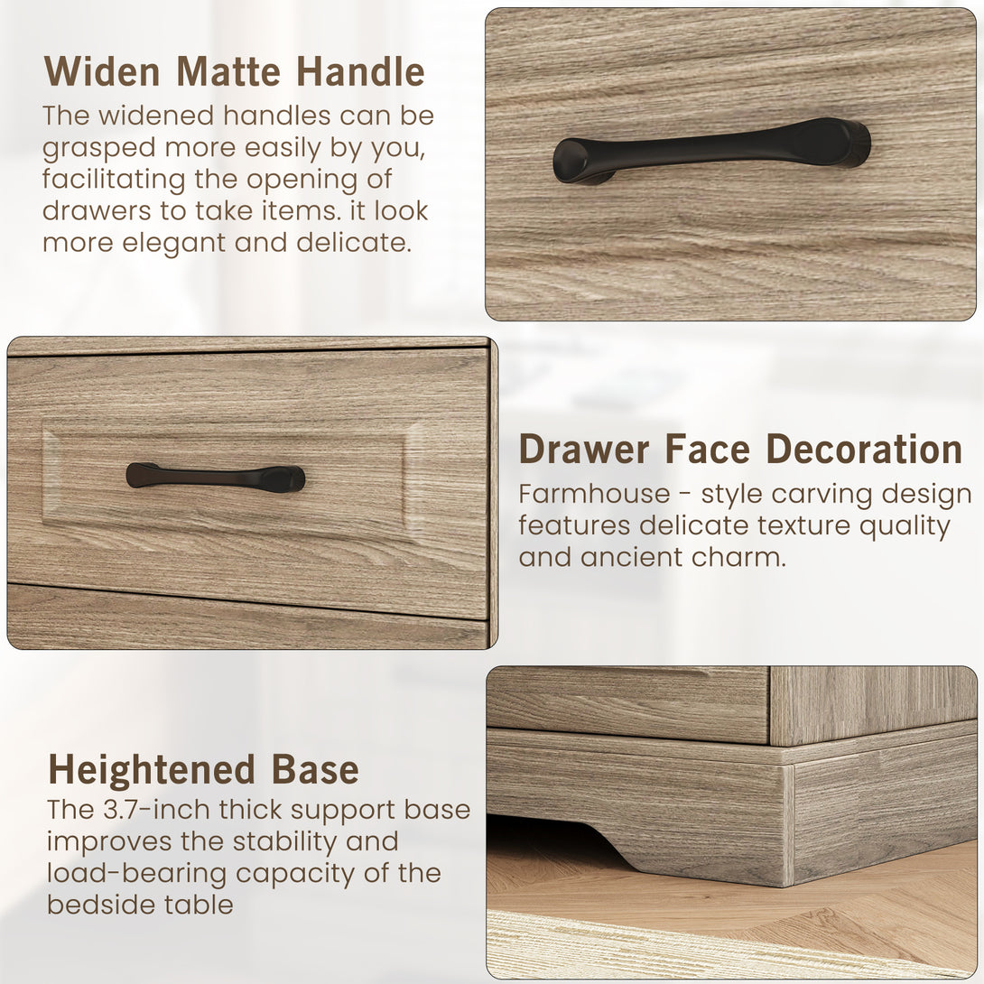 Nightstand , Farmhouse End Table with Charging Station,3 Drawers Storage