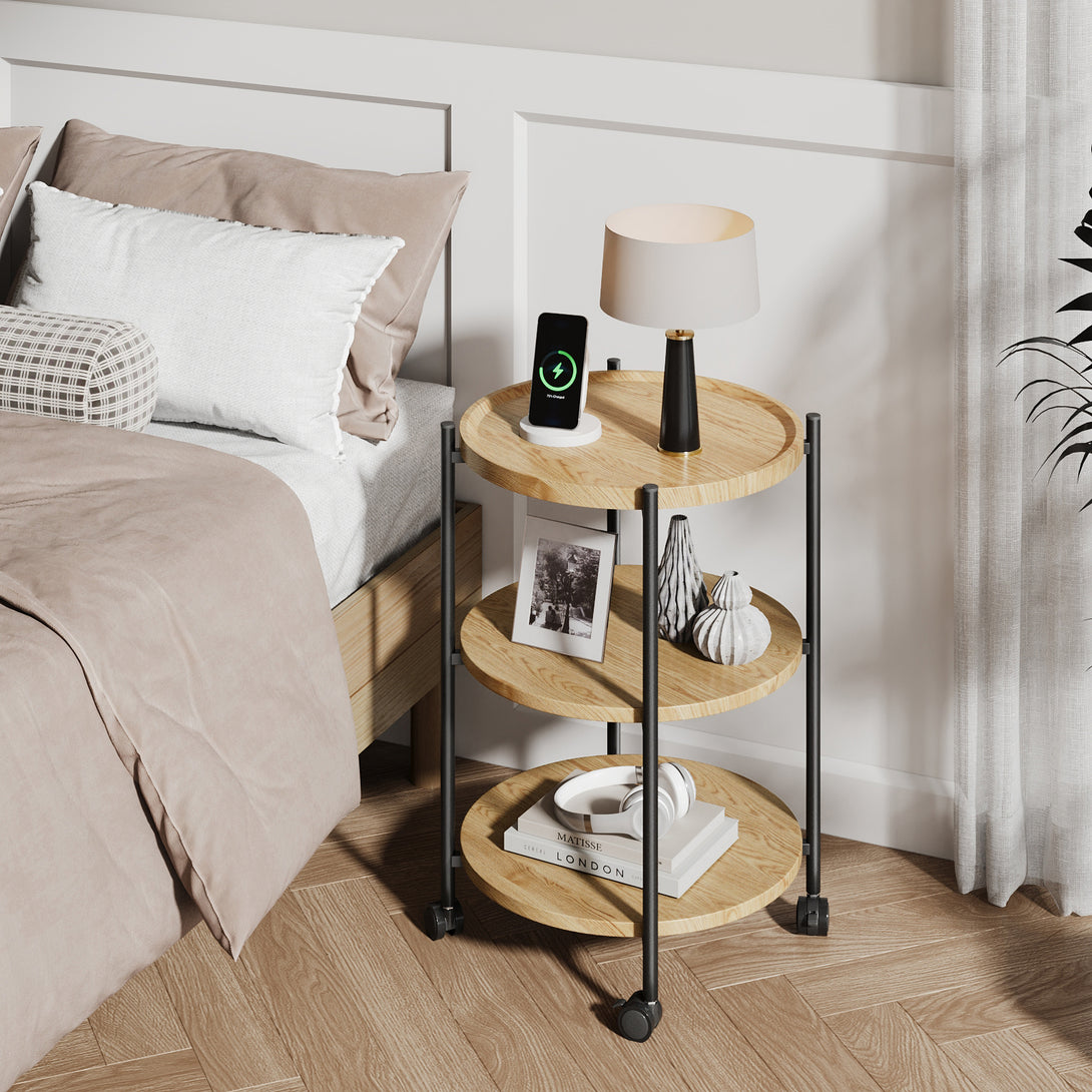 End Side Table, 3-Tier Coffee Table Small Round Table, Narrow Nightstand for Living Room Bedroom Outdoor