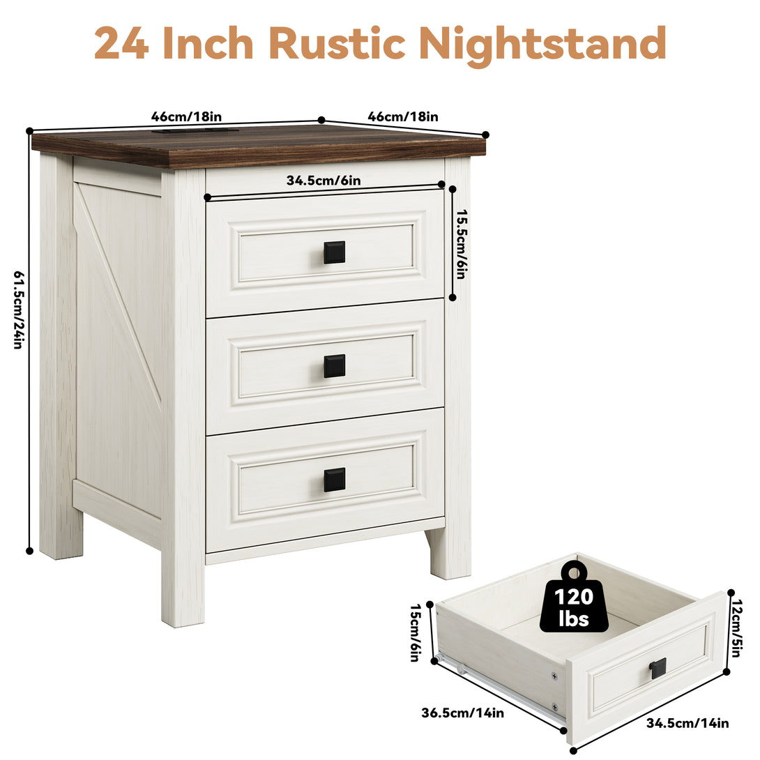 Nightstand Set of 2, bedside table with charging station, White farmhouse 3 drawer nightstand Rustic night stand end tables for bedroom Living Room