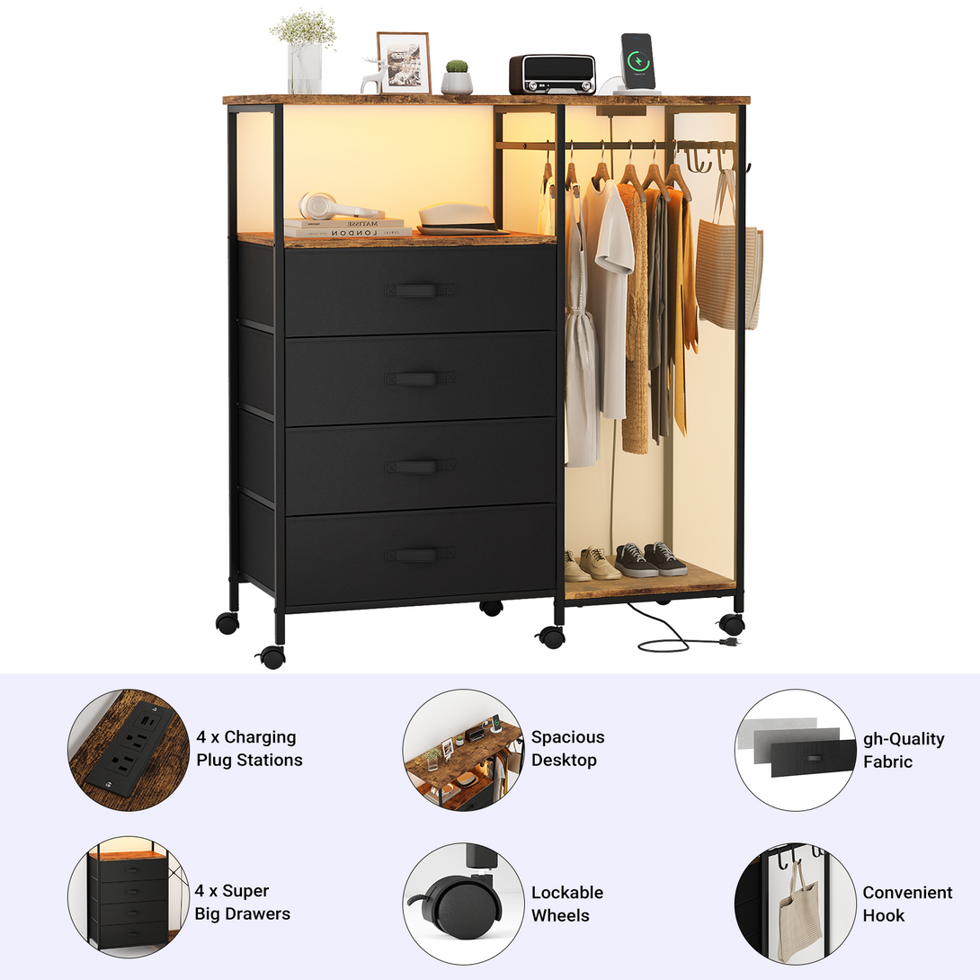 Dresser with Hanging Rack, Bedroom Dresser with Hanging Rack Chest of Drawers with Fabric Drawers & LED Lights & Charging Station, Rust Brown