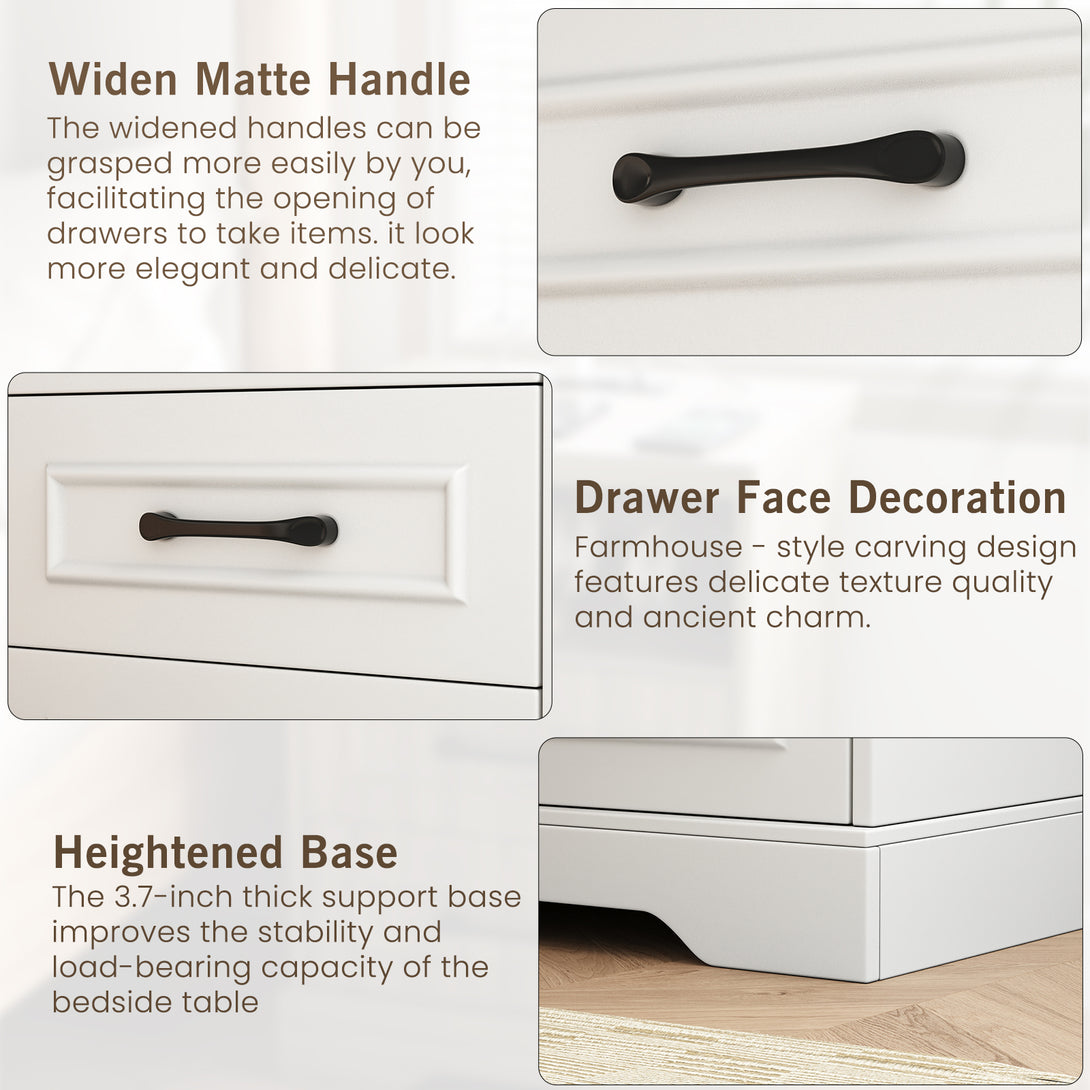 Nightstand , Farmhouse End Table with Charging Station,3 Drawers Storage