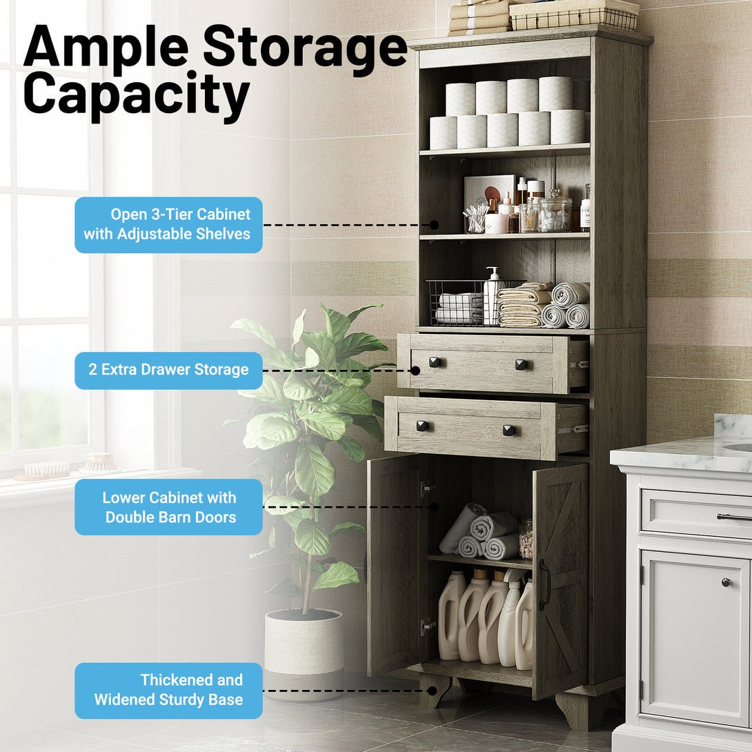 IDEALSOUL Tall Bathroom Storage Cabinet, 72" Farmhouse Storage Cabinet with 2 Drawers, Adjustable Shelves & Barn Door, Cabinet for Bathroom, Living Room, Kitchen