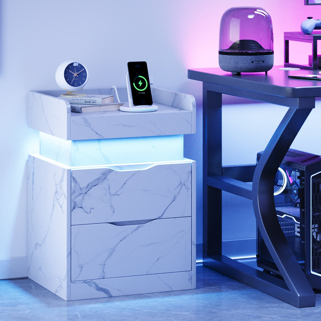 Nightstand with Charging Station, White Bedside Table LED Modern Night ...