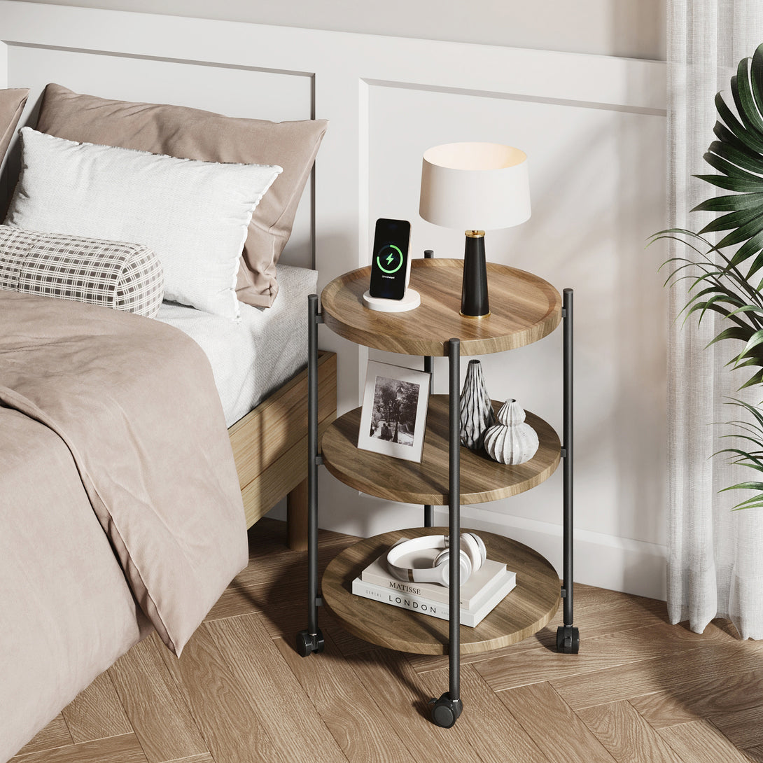 End Side Table, 3-Tier Coffee Table Small Round Table, Narrow Nightstand for Living Room Bedroom Outdoor