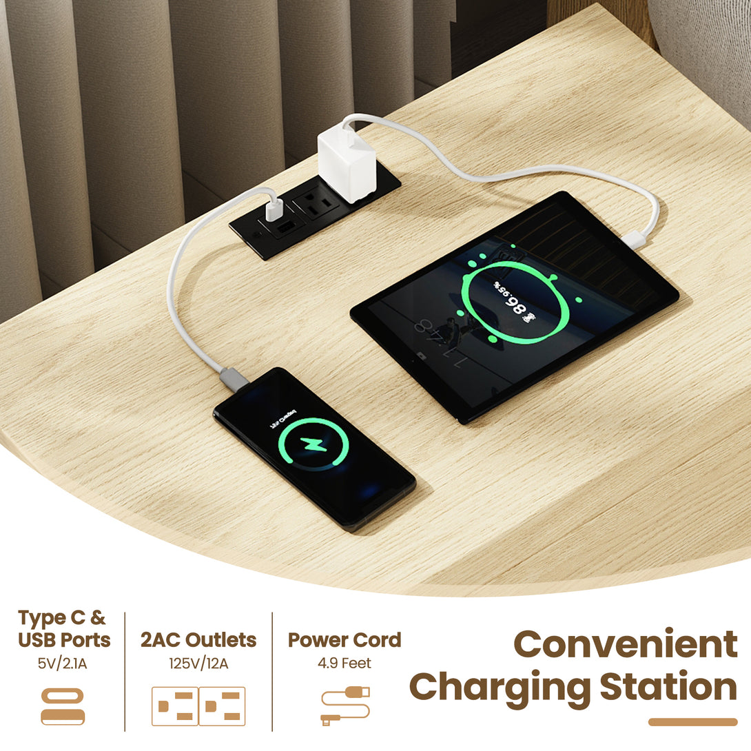 IDEALSOUL Nightstand , Nightstand with Charging Station, 24inch Bedside Table with Curved Top Corners, Crescent Shaped Buckle, Wooden End Table for Bedroom Living Room