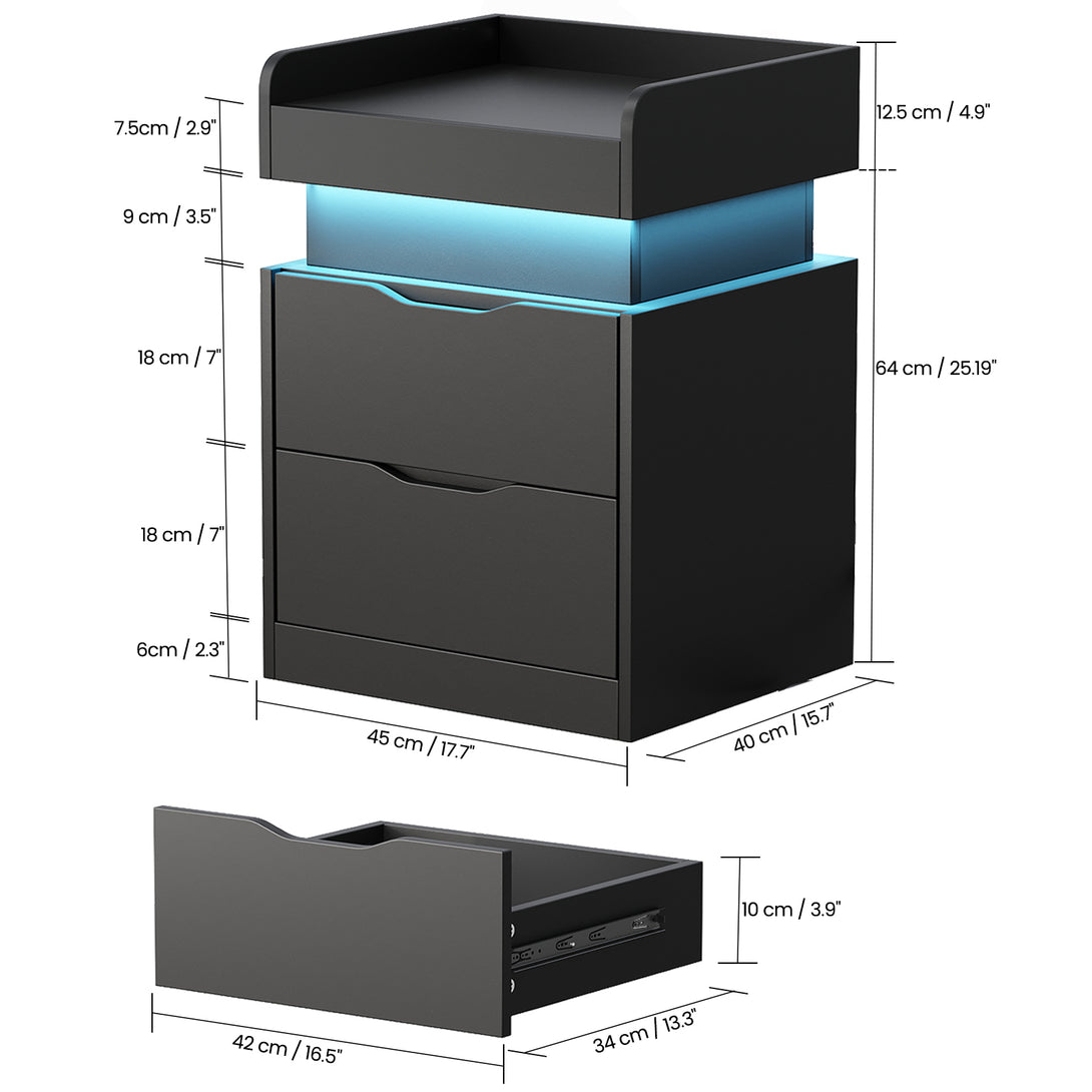 Black Nightstand with Charging Station, LED Smart Nightstand with 3 Hidden Drawer Modern Bedside Table End Side Table Nightstands for Bedroom Living Room 25" Tall