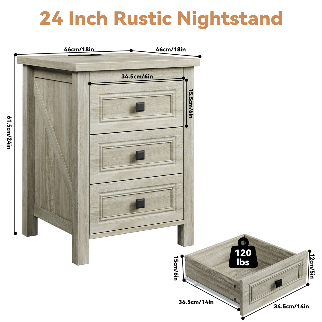 Nightstand Set of 2, bedside table with charging station, White farmhouse 3 drawer nightstand Rustic night stand end tables for bedroom Living Room