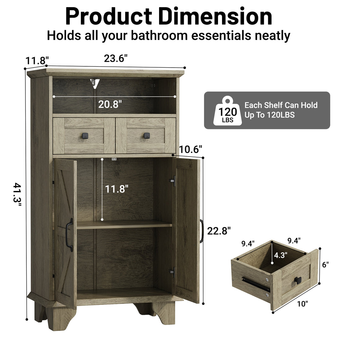 Bathroom Storage Cabinet with Doors and Drawers, Farmhouse Bathroom Floor Cabinet freestanding with Adjustable Shelf, 41.3"H Bathroom Organizer