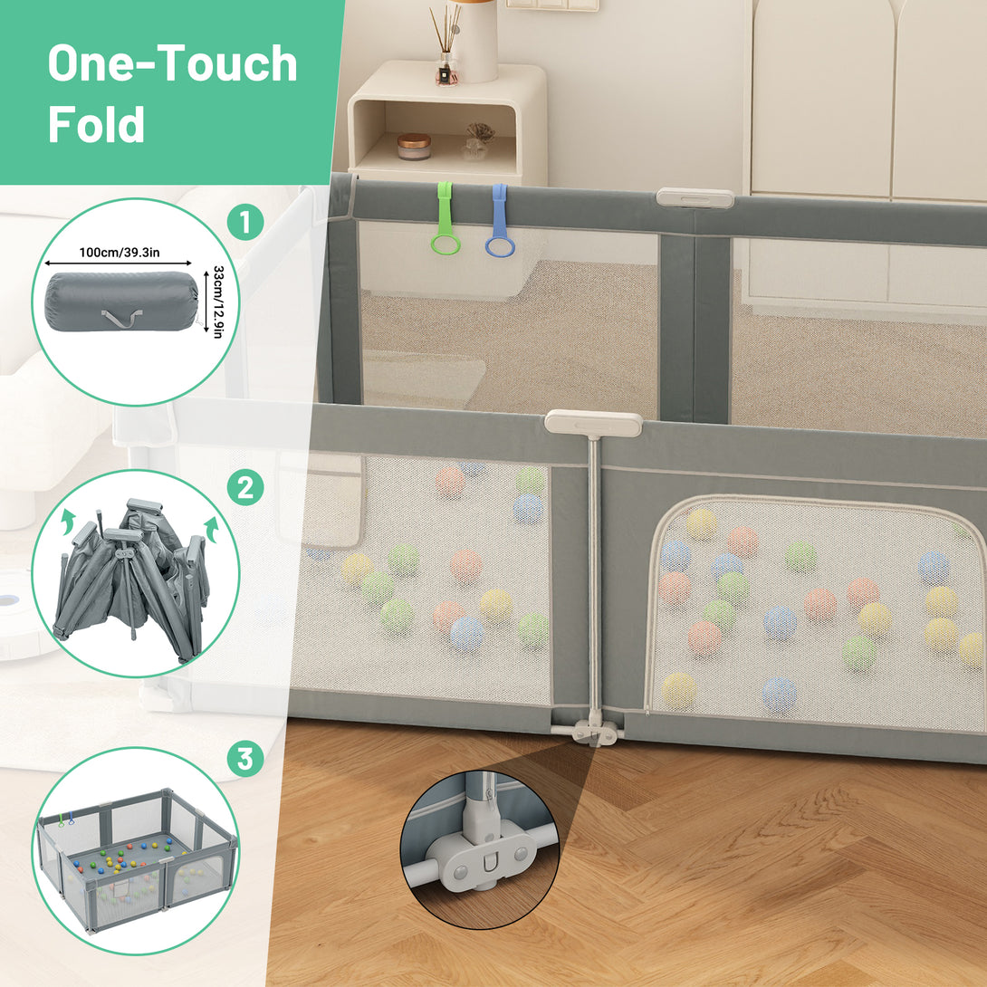 Baby Playpen, 70×61 In Play Yard, Foldable Large Playpens for Babies and Toddlers, with Mat and Carry Bag, Indoor & Outdoor Pack and Play, Oxford Fabric, Light Gray