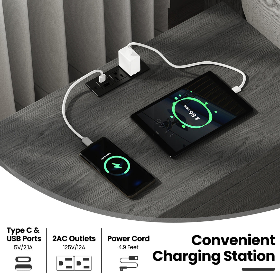 IDEALSOUL Nightstand , Nightstand with Charging Station, 24inch Bedside Table with Curved Top Corners, Crescent Shaped Buckle, Wooden End Table for Bedroom Living Room