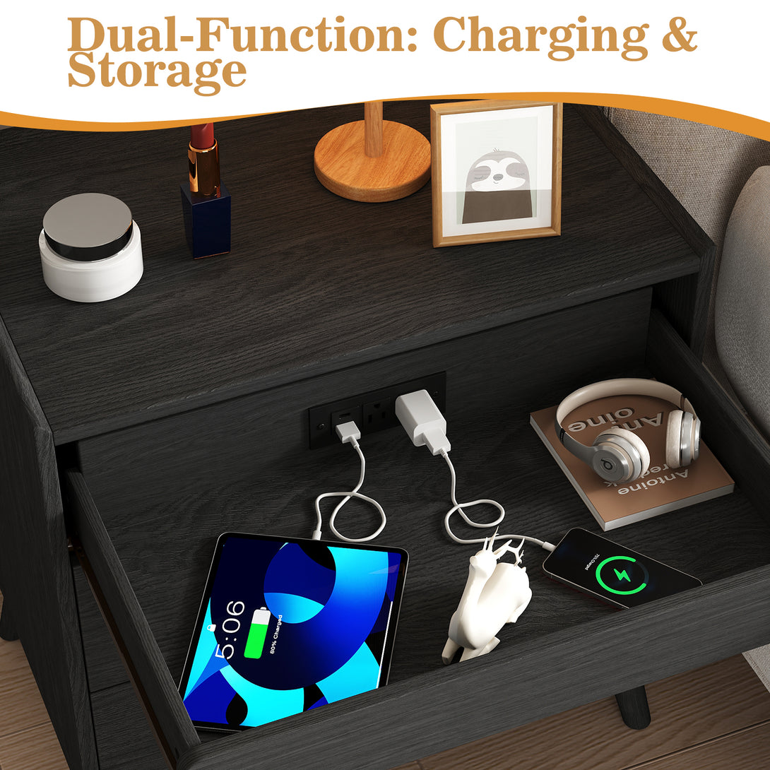 Nightstand Bedside Table, 25"H×23.6"W 3 Drawer Dresser with Hidden Charging Station, End Side Table for Bedroom Furniture