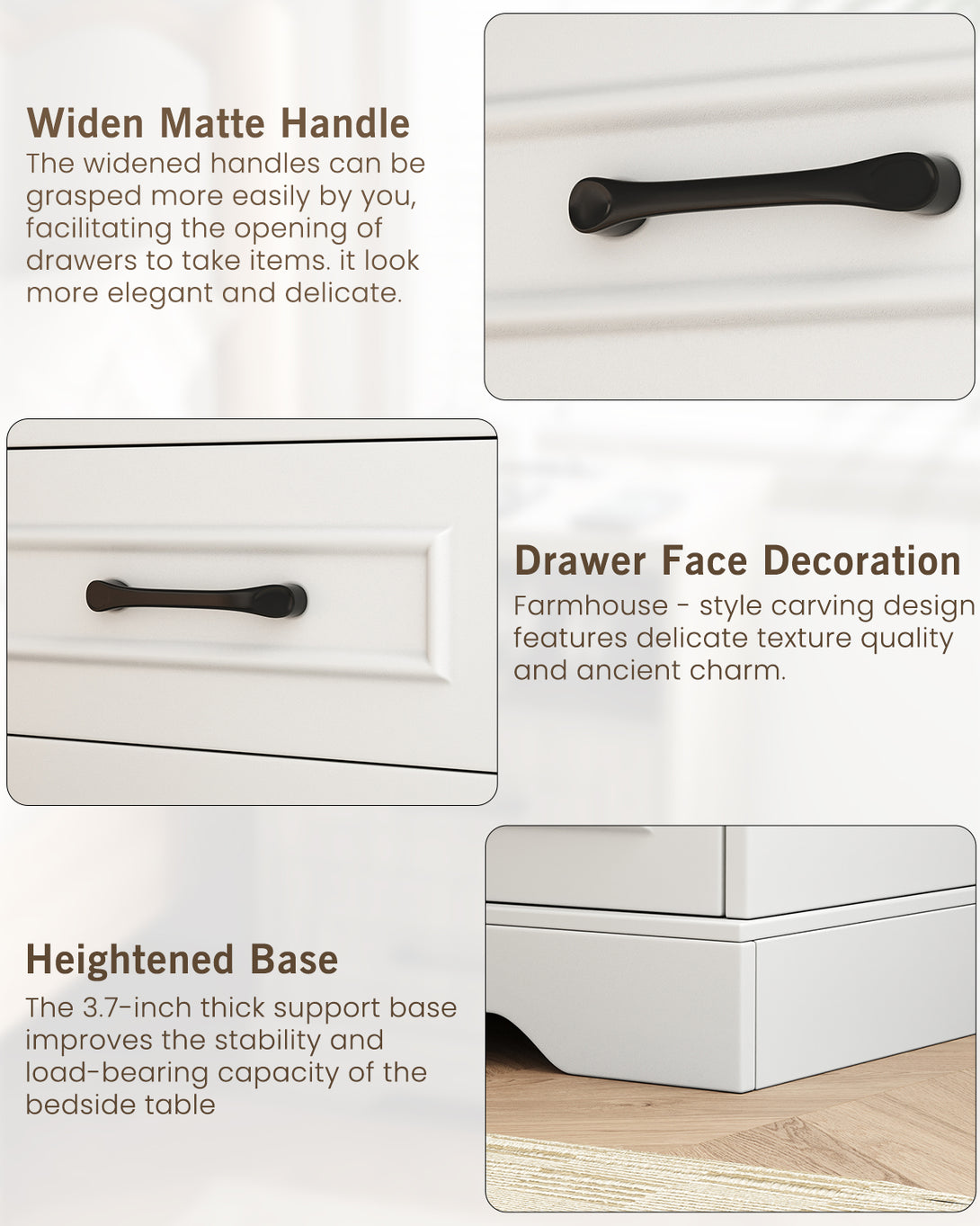 Nightstand for bedroom,White Farmhouse End Table with Charging Station,3 Drawers Storage