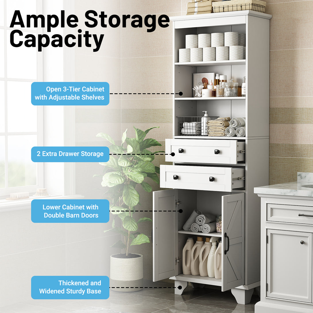 IDEALSOUL Tall Bathroom Storage Cabinet, 72" Farmhouse Storage Cabinet with 2 Drawers, Adjustable Shelves & Barn Door, Cabinet for Bathroom, Living Room, Kitchen