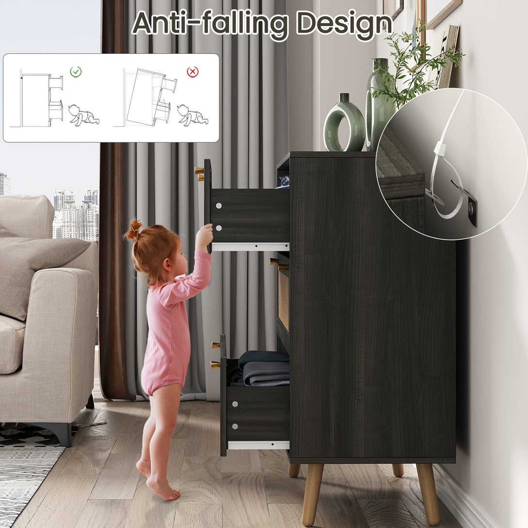 Dresser for Bedroom, Farmhouse Rattan Dressers, 3 Drawers Dressers Chest for Bedroom Hallway Living Room