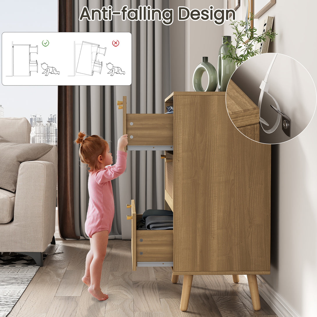 Dresser for Bedroom, Farmhouse Rattan Dressers, 3 Drawers Dressers Chest for Bedroom Hallway Living Room