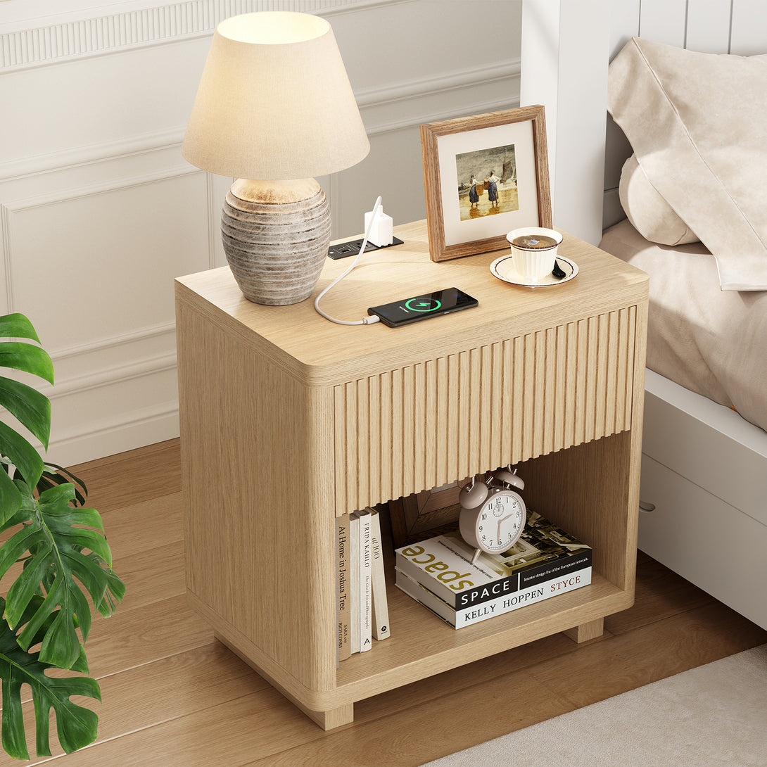 IDEALSOUL Nightstand, Fluted Bedside Table with Charging Station, End Table with open Storage, Large Wooden Night Stands Bedside for Bedroom Living Room