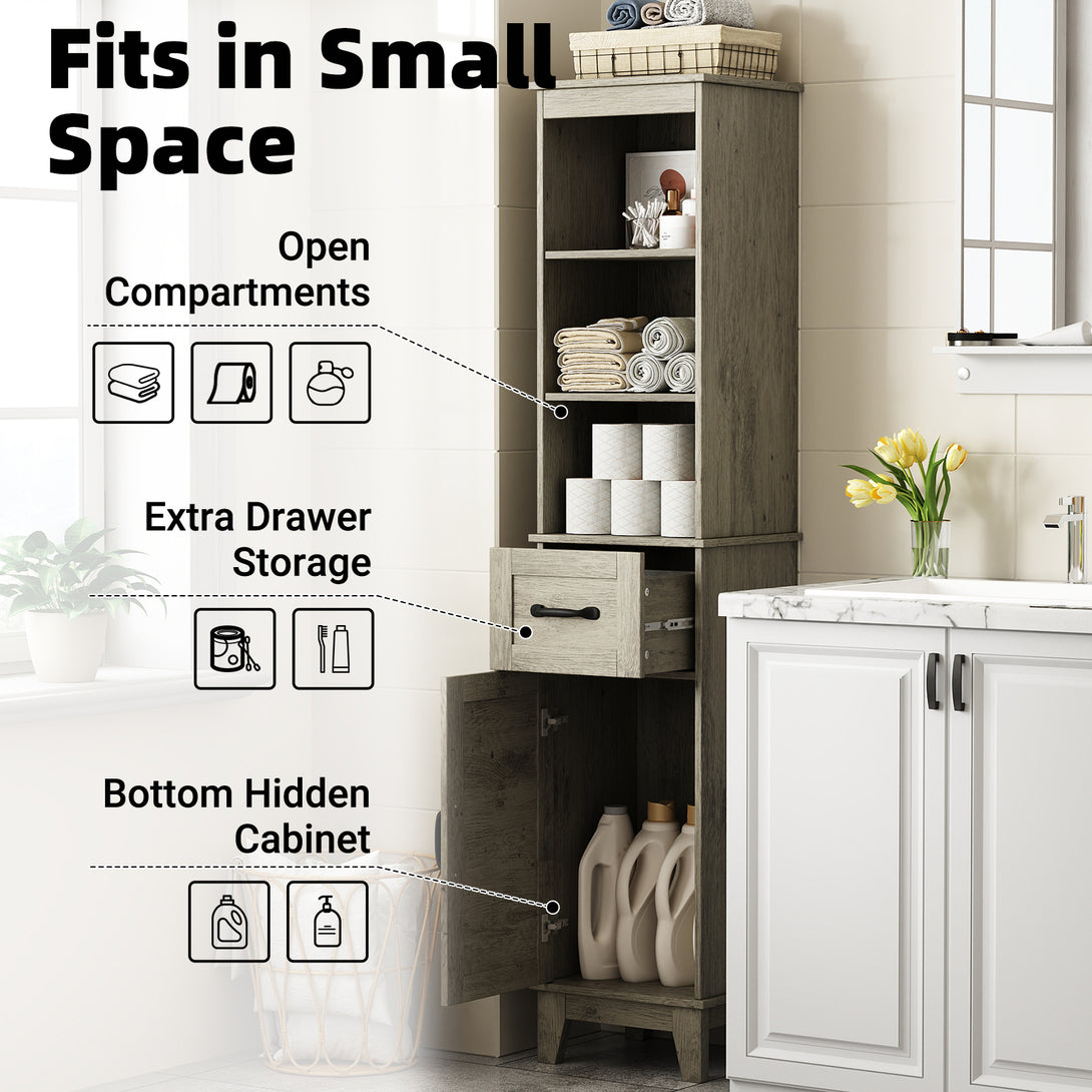 IDEALSOUL Tall Bathroom Storage Cabinet, Narrow Storage Cabinet, Freestanding Linen Cabinet with Barn Door and Drawer