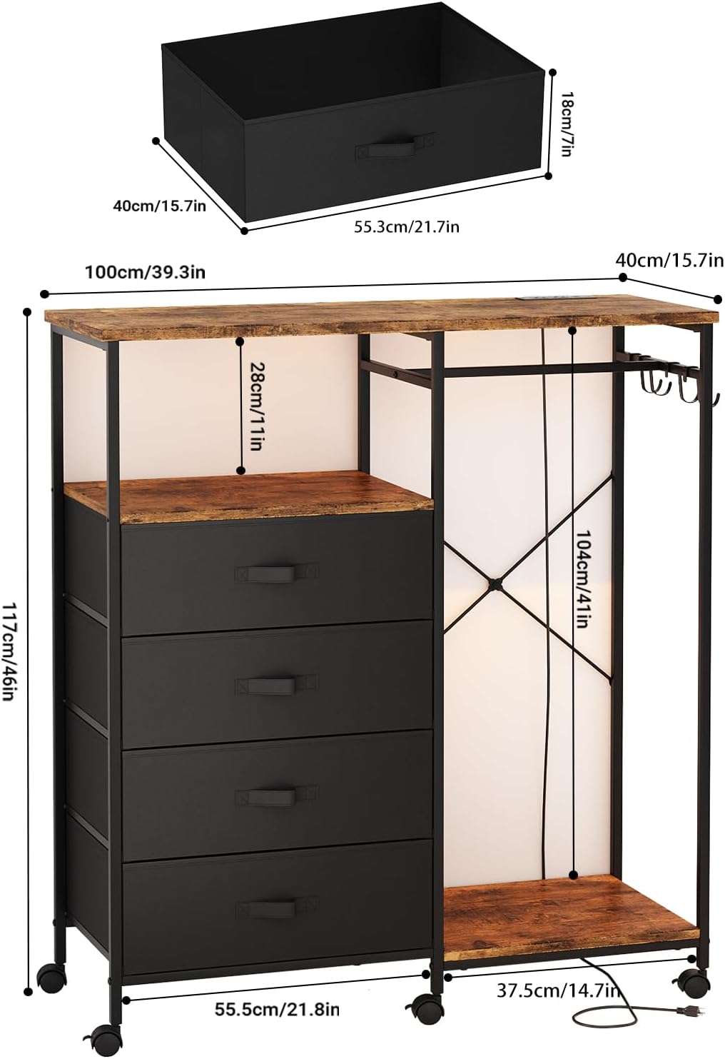 Dresser with Hanging Rack, Bedroom Dresser with Hanging Rack Chest of Drawers with Fabric Drawers & LED Lights & Charging Station, Rust Brown