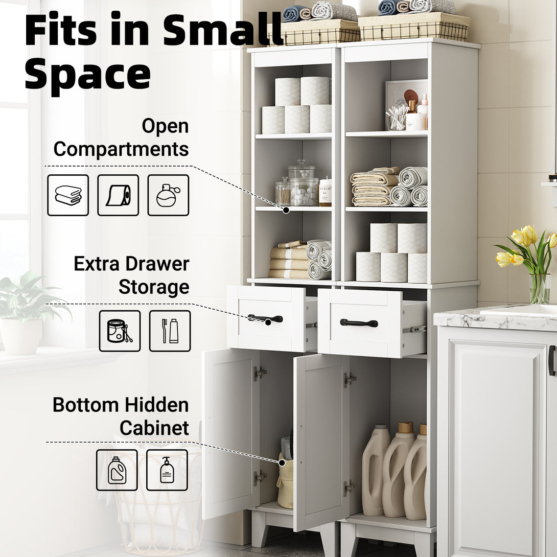 IDEALSOUL Tall Bathroom Storage Cabinet, Narrow Storage Cabinet, Freestanding Linen Cabinet with Barn Door and Drawer