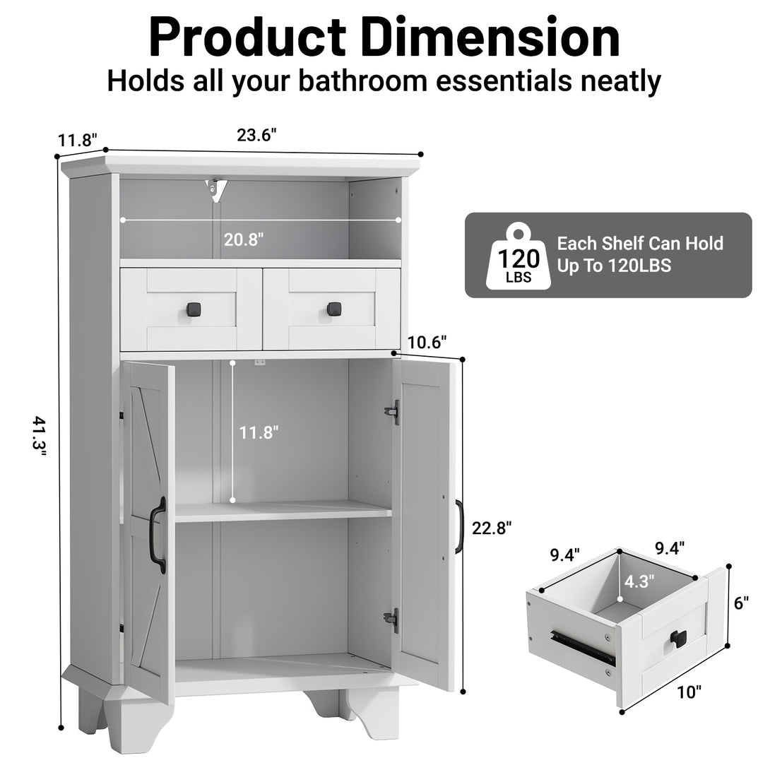 Bathroom Storage Cabinet with Doors and Drawers, Farmhouse Bathroom Floor Cabinet freestanding with Adjustable Shelf, 41.3"H Bathroom Organizer