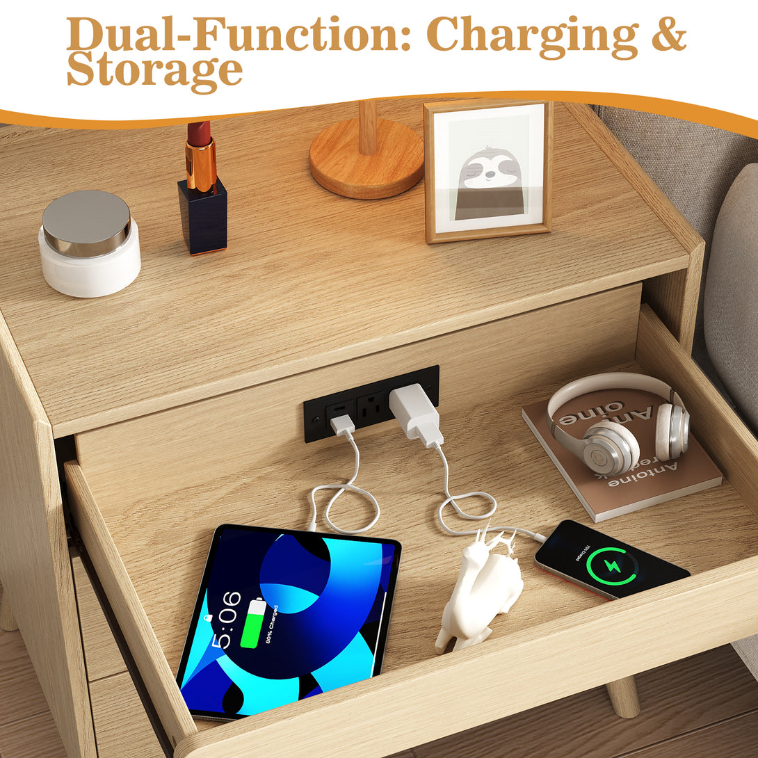 Nightstand Bedside Table, 25"H×23.6"W 3 Drawer Dresser with Hidden Charging Station, End Side Table for Bedroom Furniture