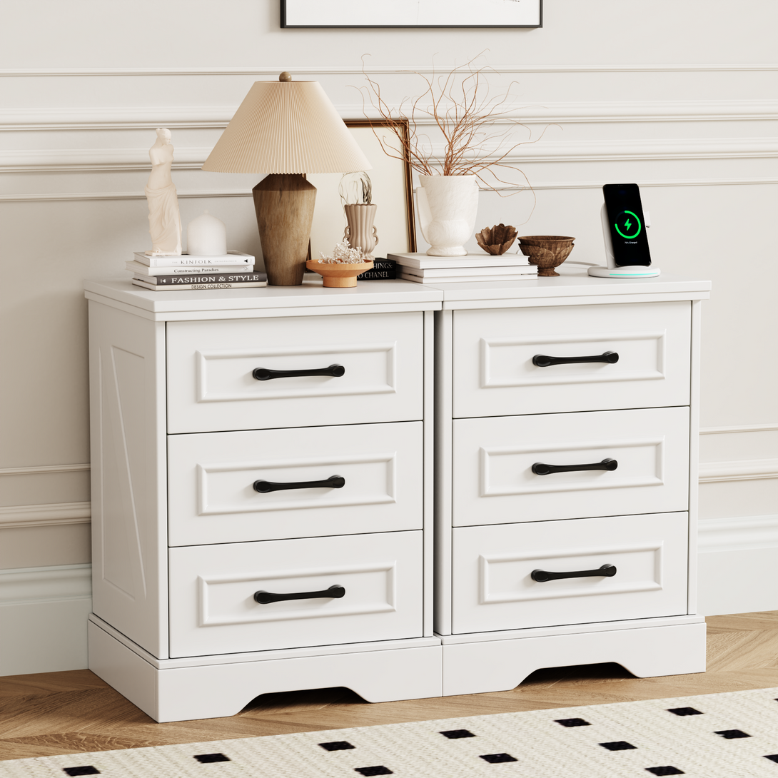 Nightstand , Farmhouse End Table with Charging Station,3 Drawers Storage