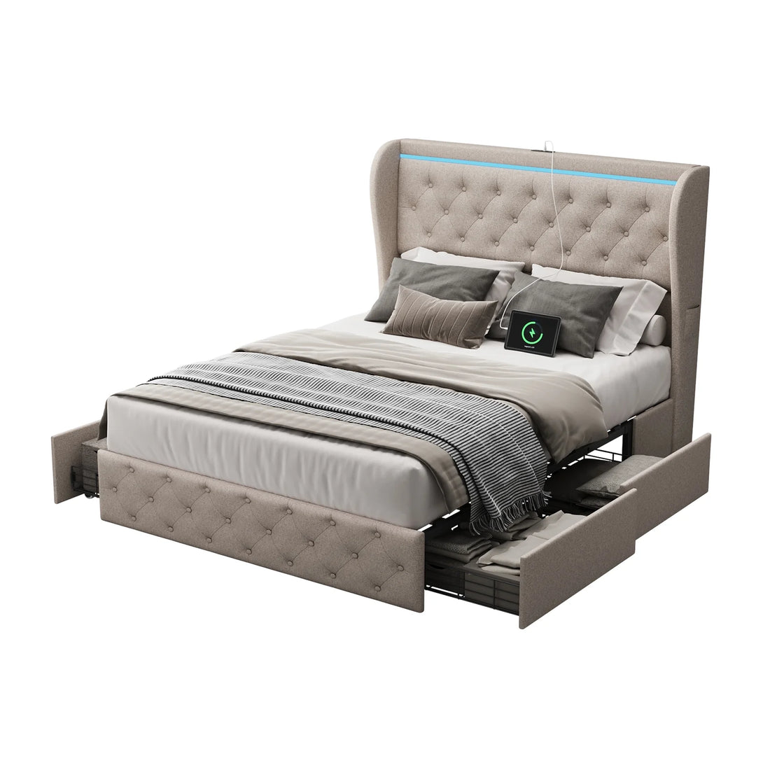 Upholstered Full Size Platform Bed Frame with 4 Storage Drawers and Wo ...