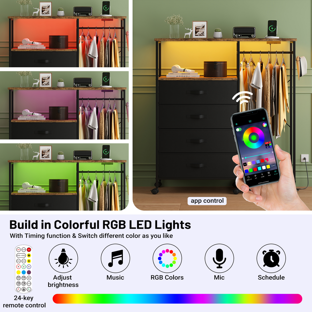 Dresser with Hanging Rack, Bedroom Dresser with Hanging Rack Chest of Drawers with Fabric Drawers & LED Lights & Charging Station, Rust Brown