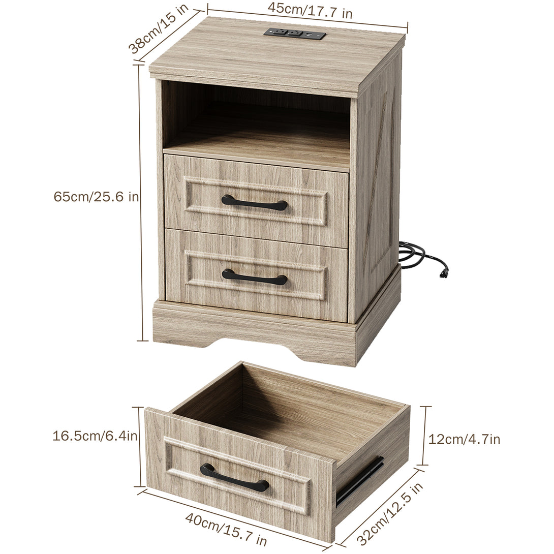 Nightstand with Charging Station, Farmhouse Nightstands with 2 Drawers Storage Side Table Bedside Cabinet for Bedroom Living Room
