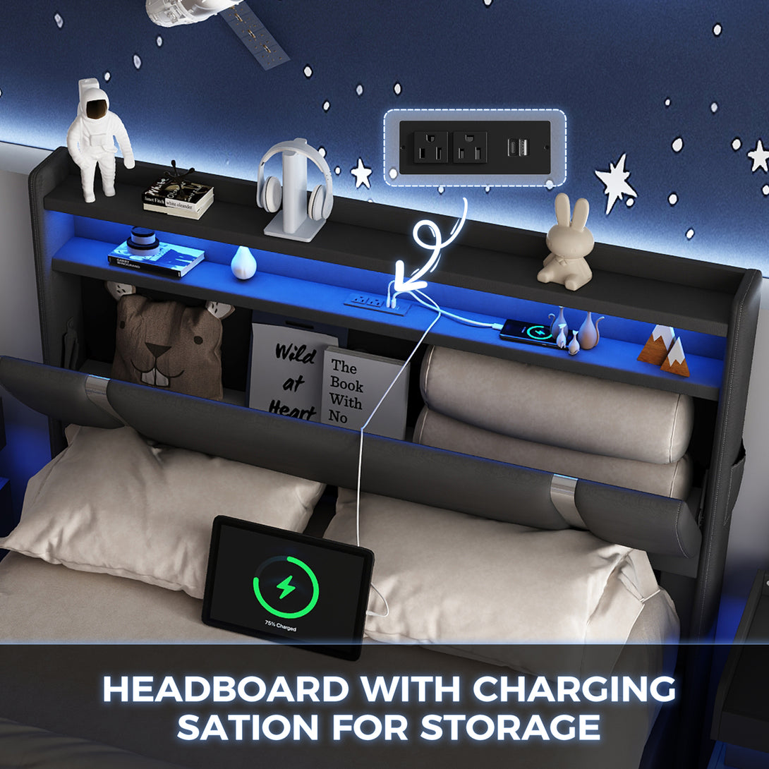 IDEALSOUL Full Size Bed Frame with LED Lights,Floating Metal Platform Bed with Storage Headboard,No Box Spring Needed,Easy to Assemble