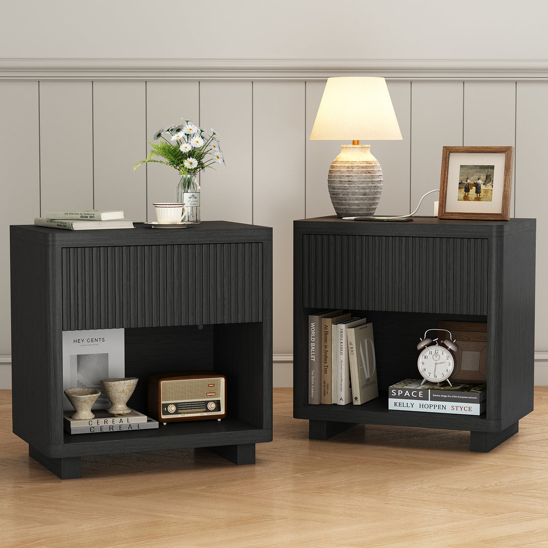 IDEALSOUL Nightstand, Fluted Bedside Table with Charging Station, End Table with open Storage, Large Wooden Night Stands Bedside for Bedroom Living Room