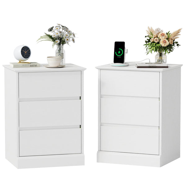 Nightstand Set of 2 with Charging Station, 3 Drawers Nightstand Modern Bedside Table End Table for Bedroom Living Room, White