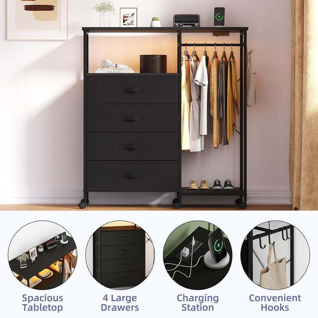 Dresser with Hanging Rack, Bedroom Dresser with Hanging Rack Chest of Drawers with Fabric Drawers & LED Lights & Charging Station, Rust Brown