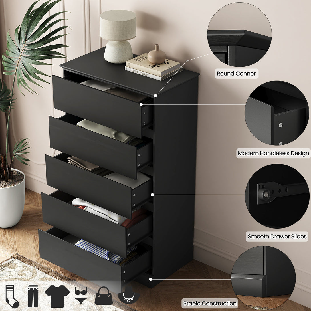 Bedroom Dresser Black, 5 Drawer Dresser Chest of Drawers for Living Room Dressing Room Entryway