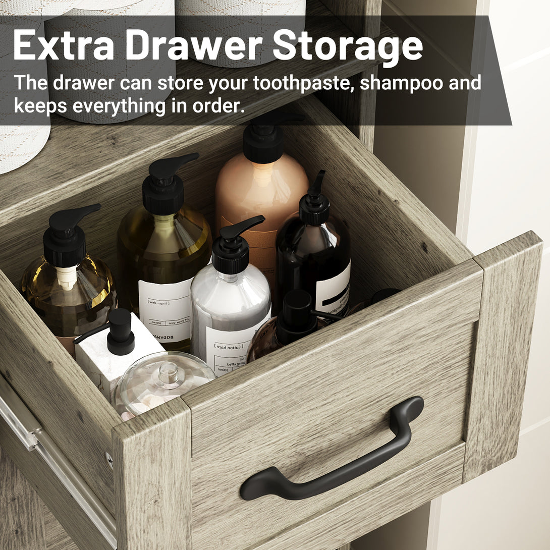 IDEALSOUL Tall Bathroom Storage Cabinet, Narrow Storage Cabinet, Freestanding Linen Cabinet with Barn Door and Drawer
