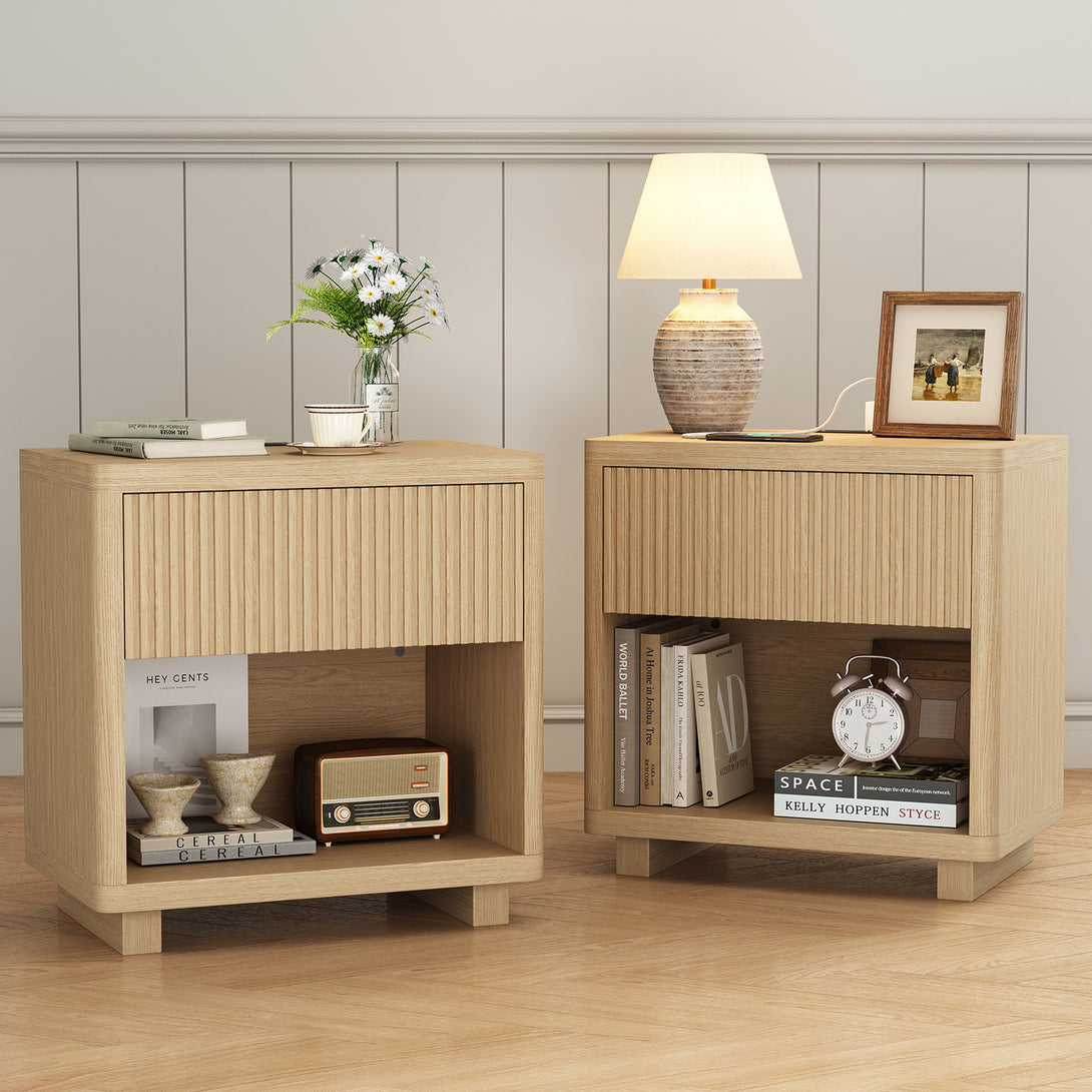IDEALSOUL Nightstand, Fluted Bedside Table with Charging Station, End Table with open Storage, Large Wooden Night Stands Bedside for Bedroom Living Room
