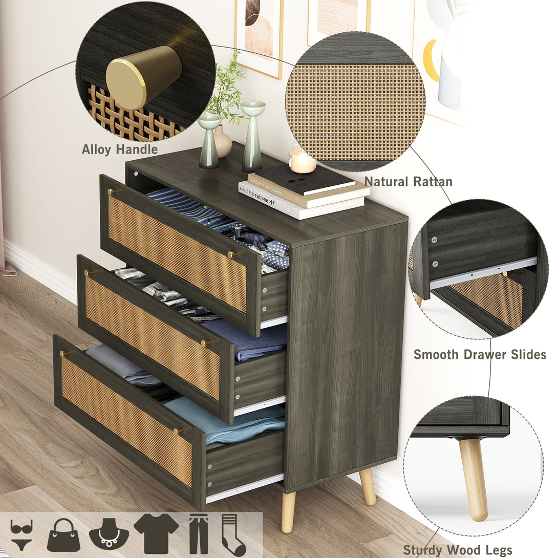 Dresser for Bedroom, Farmhouse Rattan Dressers, 3 Drawers Dressers Chest for Bedroom Hallway Living Room