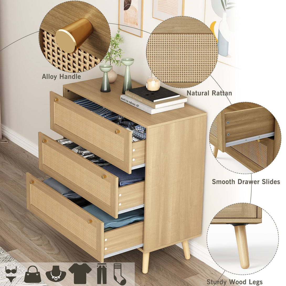 Dresser for Bedroom, Farmhouse Rattan Dressers, 3 Drawers Dressers Chest for Bedroom Hallway Living Room